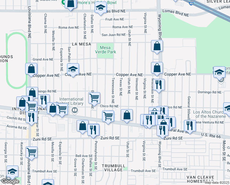 map of restaurants, bars, coffee shops, grocery stores, and more near 227 Tennessee Street Northeast in Albuquerque