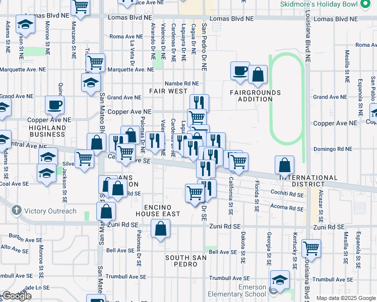 map of restaurants, bars, coffee shops, grocery stores, and more near 6001 Central Avenue Northeast in Albuquerque