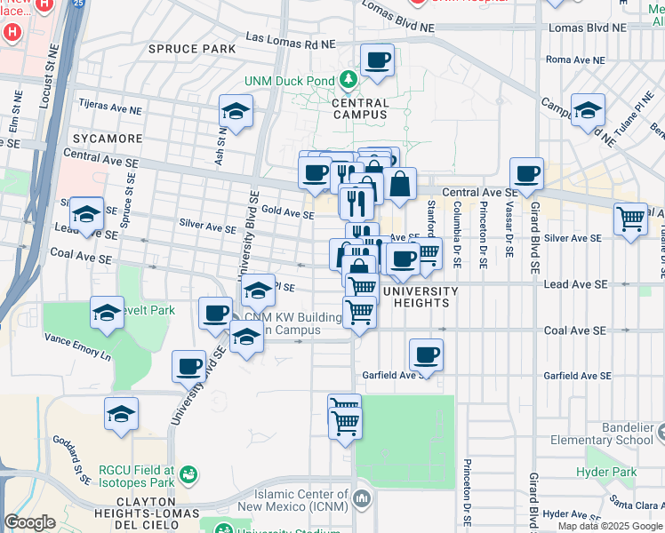 map of restaurants, bars, coffee shops, grocery stores, and more near 2124 Lead Avenue in Albuquerque
