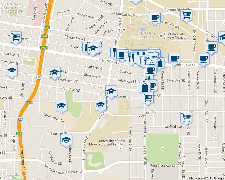 map of restaurants, bars, coffee shops, grocery stores, and more near 1901 Coal Place Southeast in Albuquerque