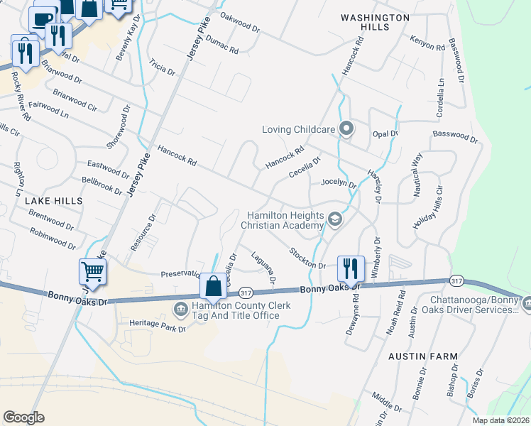 map of restaurants, bars, coffee shops, grocery stores, and more near 6207 Stockton Drive in Chattanooga