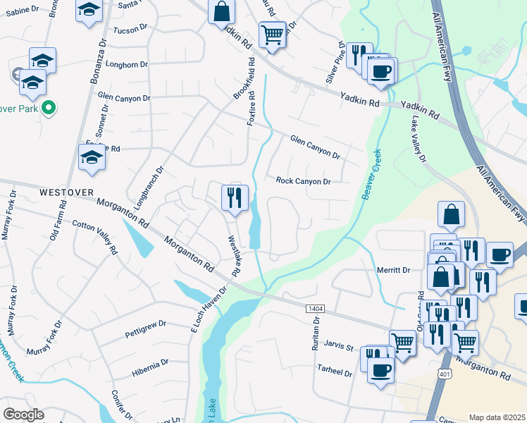 map of restaurants, bars, coffee shops, grocery stores, and more near 225 Waterdown Drive in Fayetteville