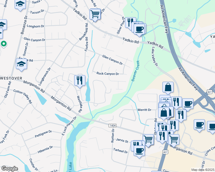 map of restaurants, bars, coffee shops, grocery stores, and more near 275 Waterdown Drive in Fayetteville