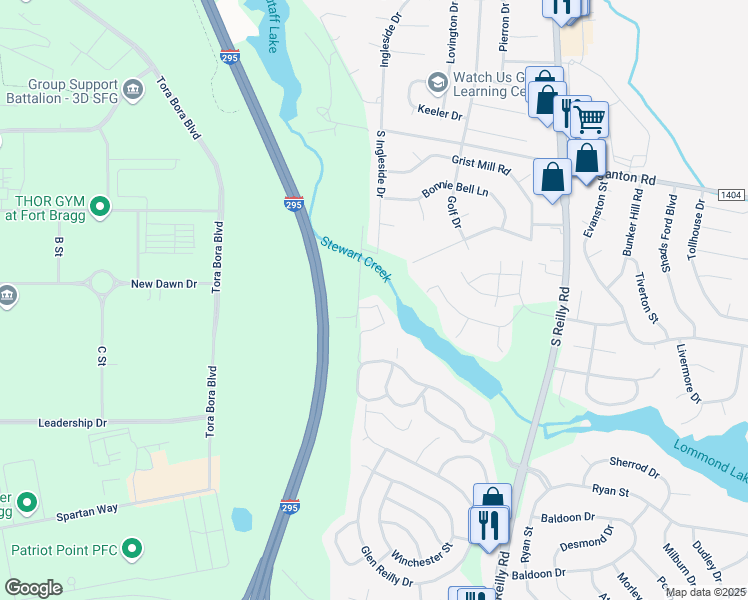map of restaurants, bars, coffee shops, grocery stores, and more near 974 Stewarts Creek Drive in Fayetteville