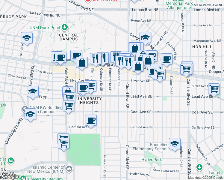 map of restaurants, bars, coffee shops, grocery stores, and more near 216 Princeton Drive Southeast in Albuquerque