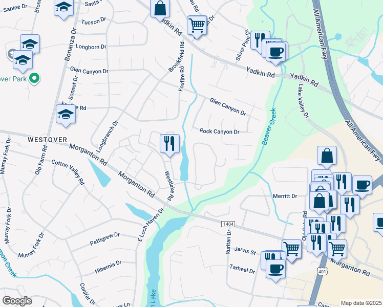 map of restaurants, bars, coffee shops, grocery stores, and more near 225 Waterdown Drive in Fayetteville