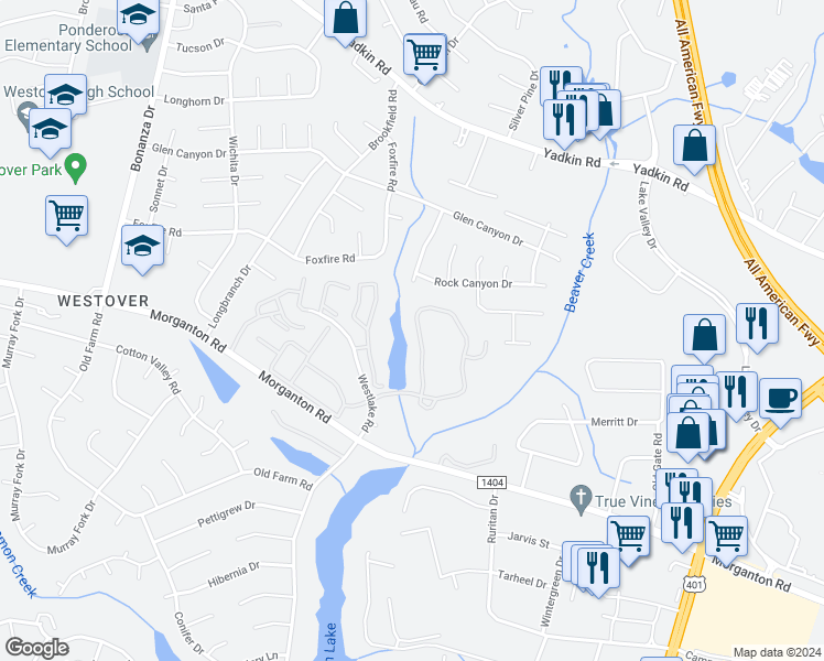 map of restaurants, bars, coffee shops, grocery stores, and more near 225 Waterdown Drive in Fayetteville