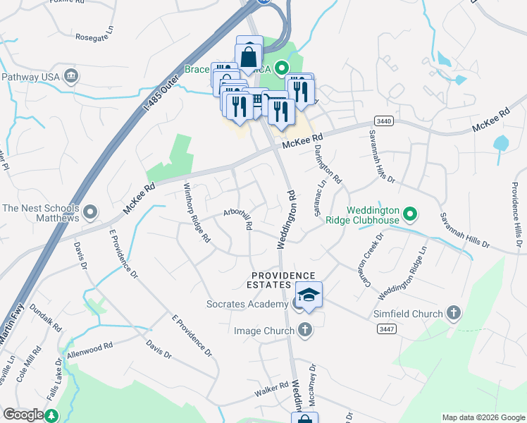 map of restaurants, bars, coffee shops, grocery stores, and more near 2455 Normancrest Court in Charlotte