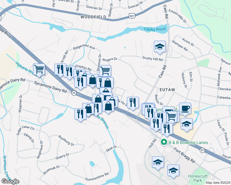 map of restaurants, bars, coffee shops, grocery stores, and more near 3235 Claude Street in Fayetteville
