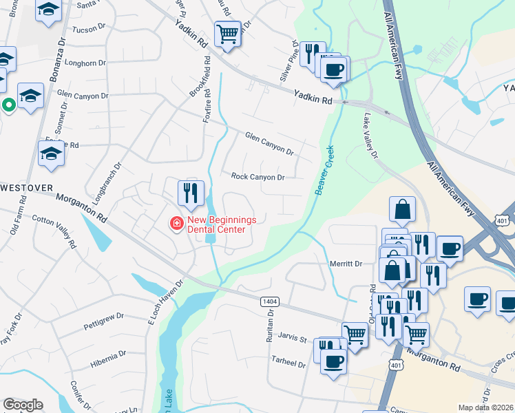 map of restaurants, bars, coffee shops, grocery stores, and more near 274 Waterdown Drive in Fayetteville