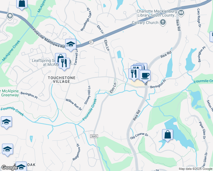 map of restaurants, bars, coffee shops, grocery stores, and more near 9428 Wood Ridge Dr in Charlotte
