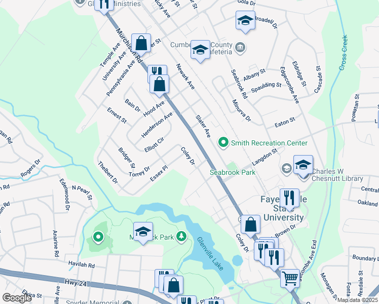 map of restaurants, bars, coffee shops, grocery stores, and more near 1619 Coley Drive in Fayetteville
