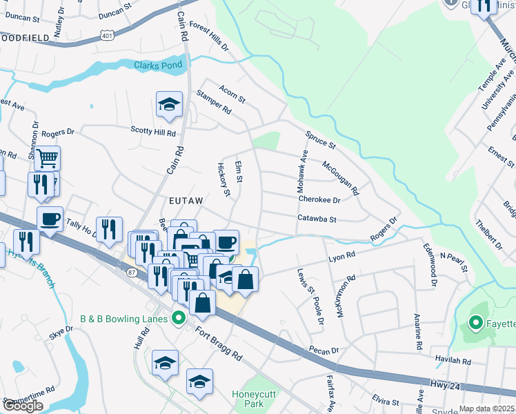 map of restaurants, bars, coffee shops, grocery stores, and more near 1015 Stamper Road in Fayetteville