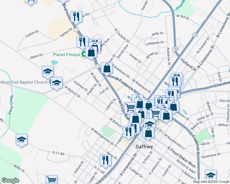 map of restaurants, bars, coffee shops, grocery stores, and more near W Floyd Baker Blvd & Broad St in Gaffney