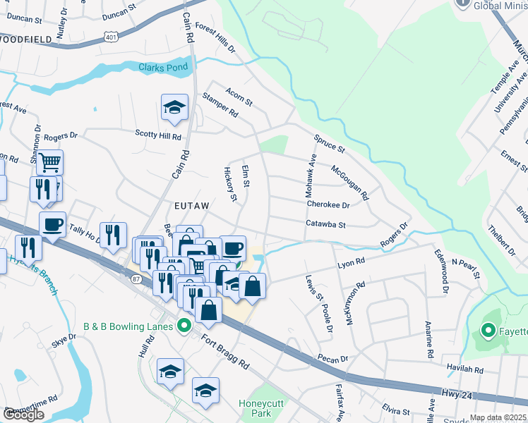 map of restaurants, bars, coffee shops, grocery stores, and more near 1015 Stamper Road in Fayetteville
