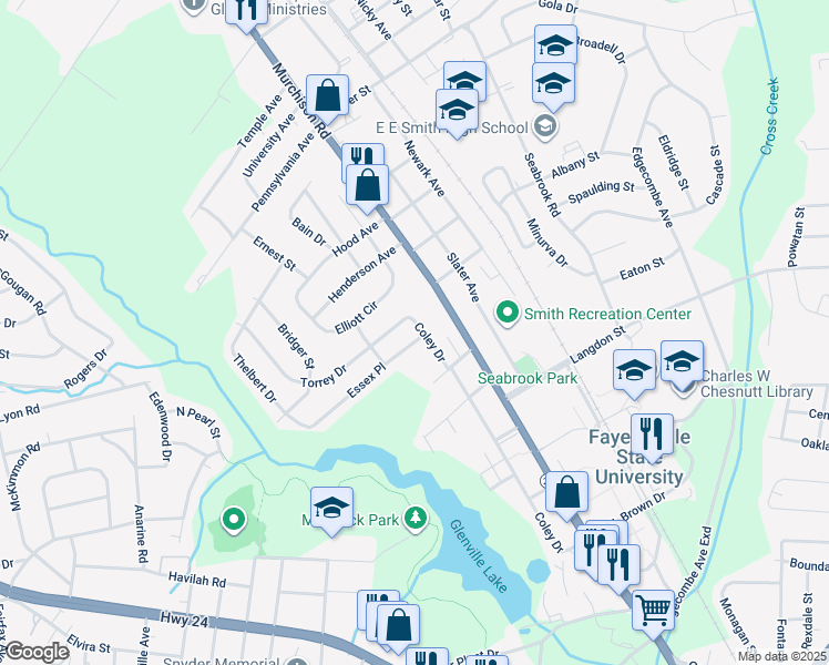 map of restaurants, bars, coffee shops, grocery stores, and more near 1091 Essex Place in Fayetteville