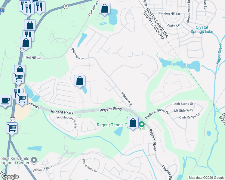 map of restaurants, bars, coffee shops, grocery stores, and more near 459 Tayberry Lane in Fort Mill
