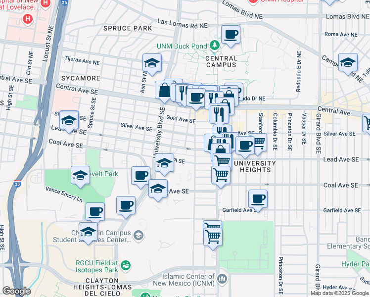 map of restaurants, bars, coffee shops, grocery stores, and more near Lead Ave SE & Terrace St SE in Albuquerque