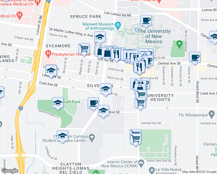 map of restaurants, bars, coffee shops, grocery stores, and more near 1816 Lead Avenue Southeast in Albuquerque