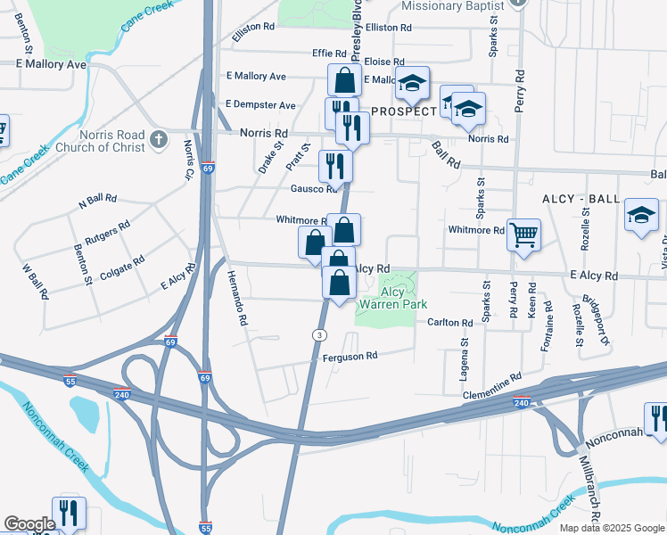 map of restaurants, bars, coffee shops, grocery stores, and more near Elvis Presley Blvd & E Alcy Rd in Memphis