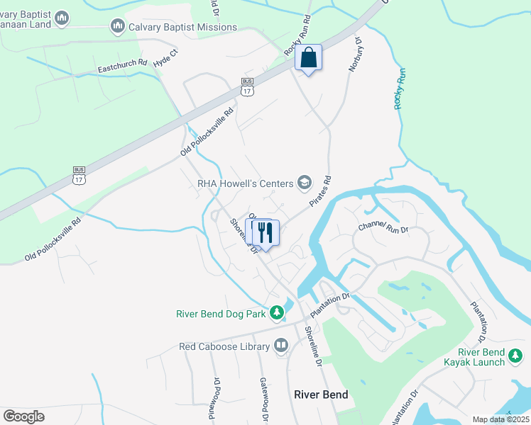 map of restaurants, bars, coffee shops, grocery stores, and more near 213 Esquire Court in New Bern