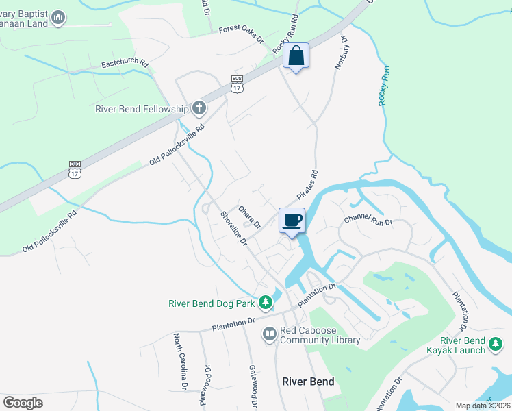 map of restaurants, bars, coffee shops, grocery stores, and more near 120 Pirates Road in New Bern