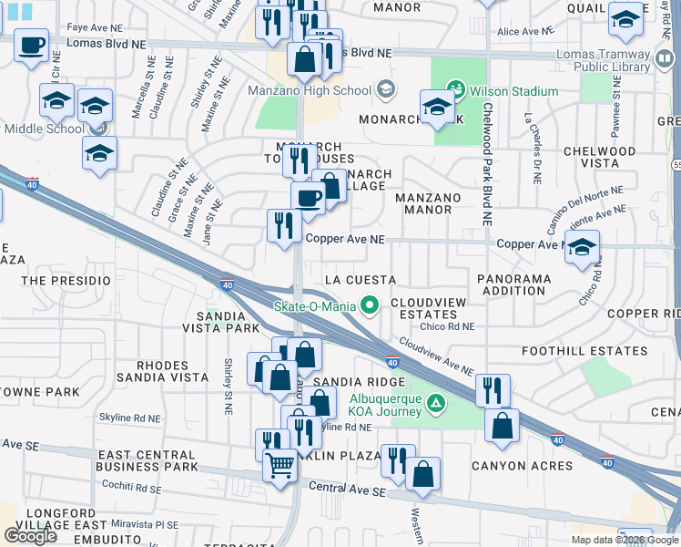 map of restaurants, bars, coffee shops, grocery stores, and more near 450 Paisano Street Northeast in Albuquerque