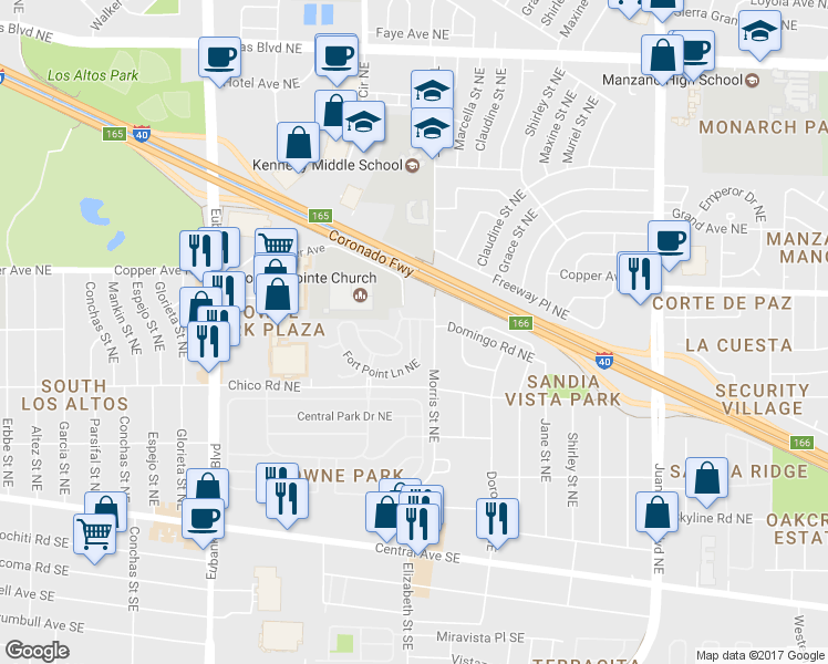 map of restaurants, bars, coffee shops, grocery stores, and more near 11032 Morris Street Northeast in Albuquerque
