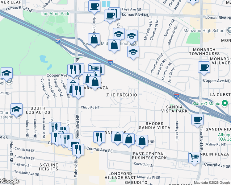 map of restaurants, bars, coffee shops, grocery stores, and more near 10839 Fort Point Lane Northeast in Albuquerque