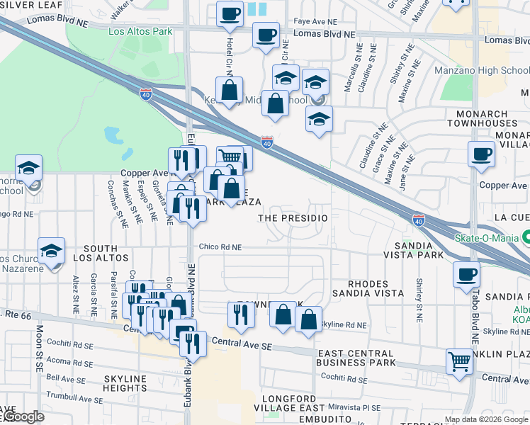 map of restaurants, bars, coffee shops, grocery stores, and more near 10827 Lobos Creek Way Northeast in Albuquerque