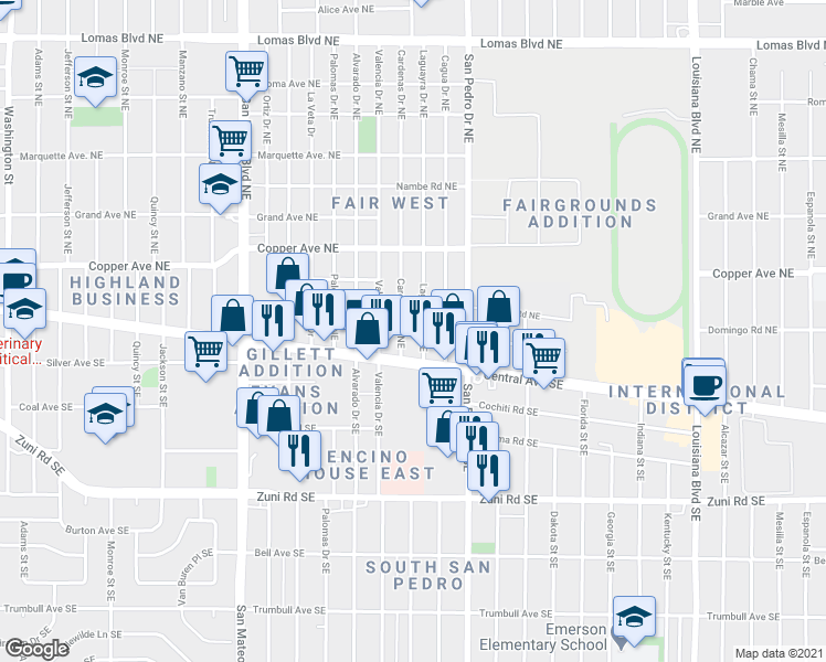 map of restaurants, bars, coffee shops, grocery stores, and more near 6001 Central Avenue Northeast in Albuquerque
