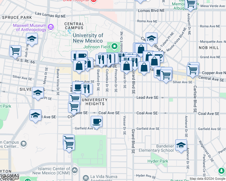 map of restaurants, bars, coffee shops, grocery stores, and more near in Albuquerque
