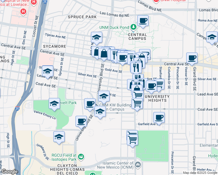 map of restaurants, bars, coffee shops, grocery stores, and more near 1901 Coal Place Southeast in Albuquerque