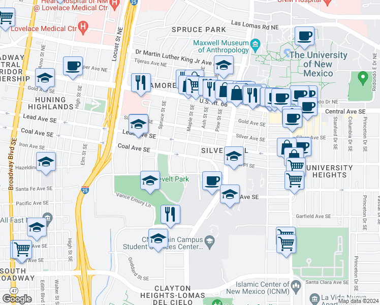 map of restaurants, bars, coffee shops, grocery stores, and more near 1514 Coal Avenue Southeast in Albuquerque