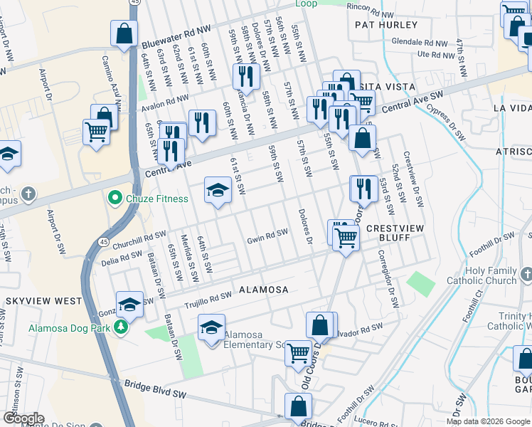 map of restaurants, bars, coffee shops, grocery stores, and more near 421 60th Street Southwest in Albuquerque