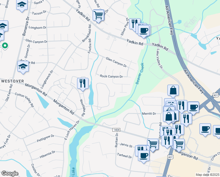 map of restaurants, bars, coffee shops, grocery stores, and more near 274 Waterdown Drive in Fayetteville