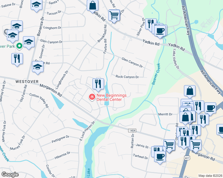 map of restaurants, bars, coffee shops, grocery stores, and more near 217 Waterdown Drive in Fayetteville