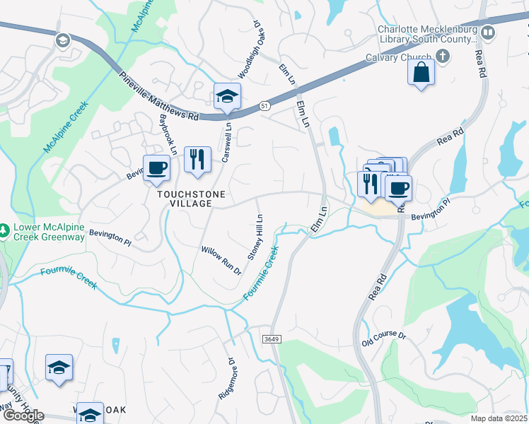 map of restaurants, bars, coffee shops, grocery stores, and more near 9439 Stoney Hill Lane in Charlotte