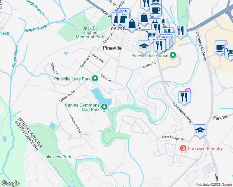 map of restaurants, bars, coffee shops, grocery stores, and more near 426 Robin Reed Court in Pineville