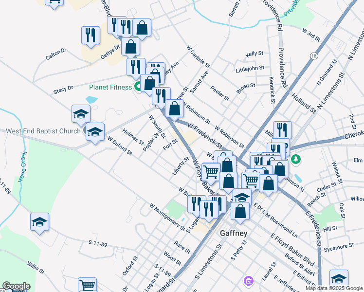 map of restaurants, bars, coffee shops, grocery stores, and more near 533 West Floyd Baker Boulevard in Gaffney
