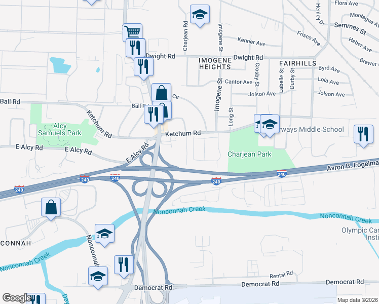 map of restaurants, bars, coffee shops, grocery stores, and more near 2441 Ketchum Road in Memphis