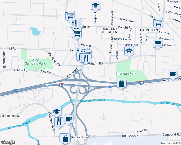 map of restaurants, bars, coffee shops, grocery stores, and more near 2491 Joy Lane in Memphis