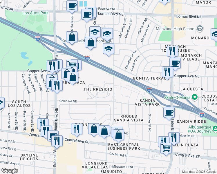 map of restaurants, bars, coffee shops, grocery stores, and more near 11032 Morris Street Northeast in Albuquerque