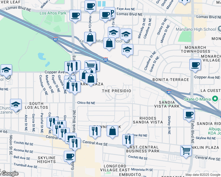 map of restaurants, bars, coffee shops, grocery stores, and more near 10839 Fort Point Lane Northeast in Albuquerque