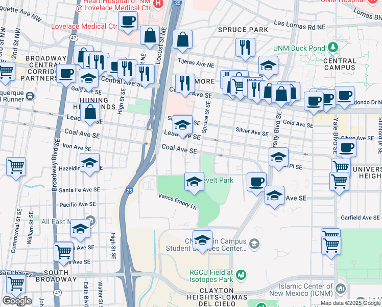 map of restaurants, bars, coffee shops, grocery stores, and more near 1204 Coal Avenue Southeast in Albuquerque