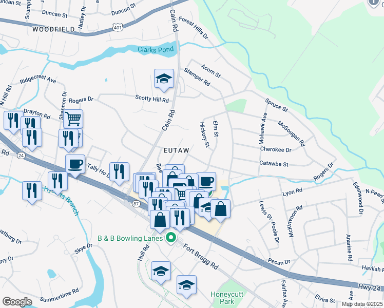 map of restaurants, bars, coffee shops, grocery stores, and more near 914 Laurel Street in Fayetteville