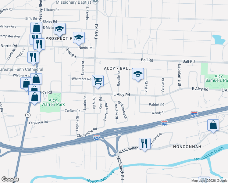 map of restaurants, bars, coffee shops, grocery stores, and more near 2462 Bridgeport Drive in Memphis
