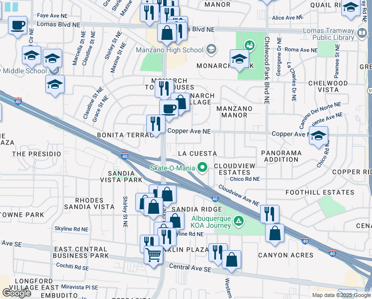 map of restaurants, bars, coffee shops, grocery stores, and more near 12004 Zia Road Northeast in Albuquerque