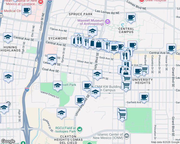 map of restaurants, bars, coffee shops, grocery stores, and more near in Albuquerque