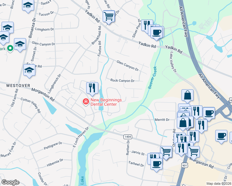 map of restaurants, bars, coffee shops, grocery stores, and more near 274 Waterdown Drive in Fayetteville